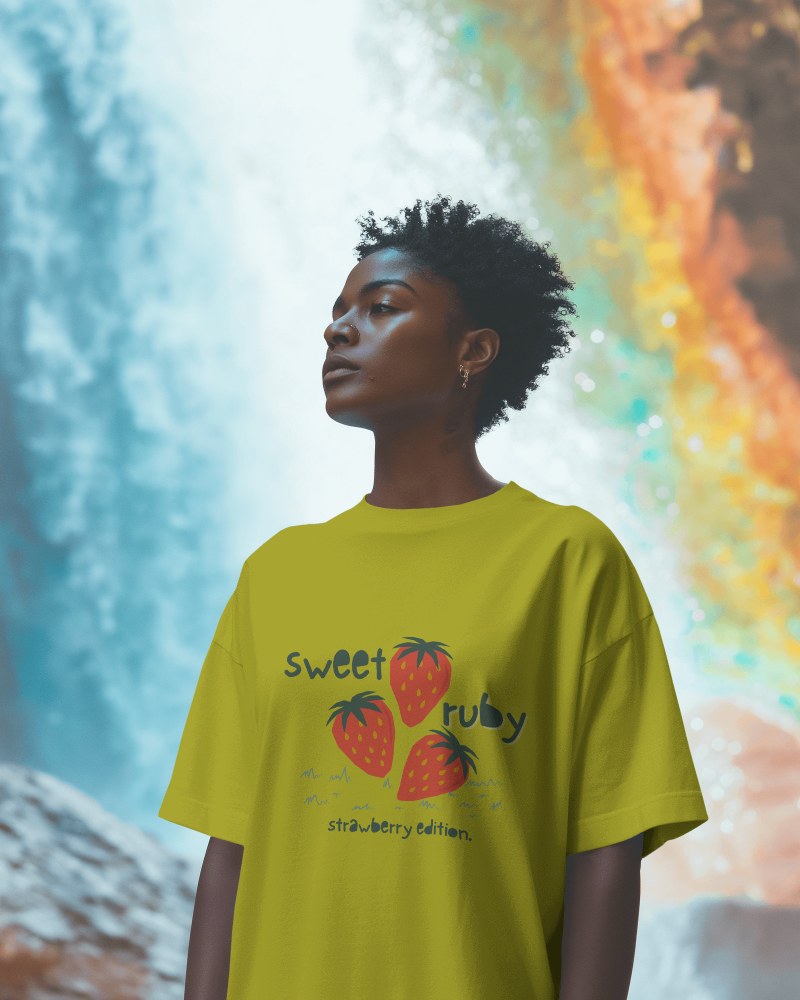Tshirt Mockup On Woman With Colorful Abstract Backdrop