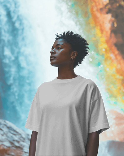 Tshirt Mockup On Woman With Colorful Abstract Backdrop