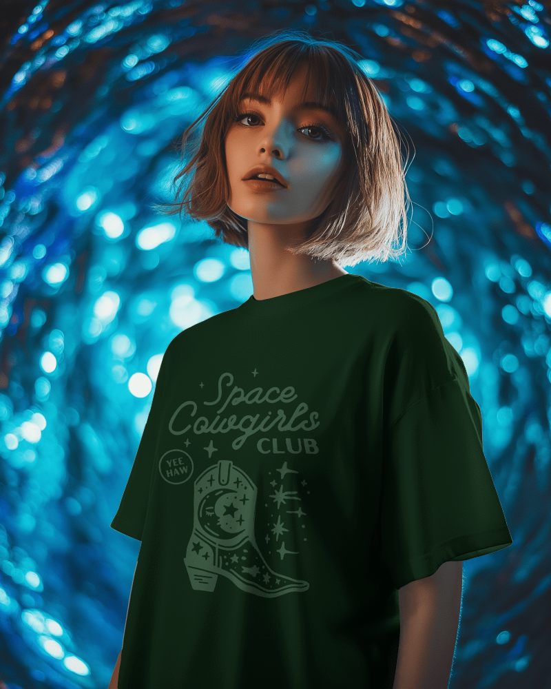 Tshirt Mockup On Woman With Blue Bokeh Background