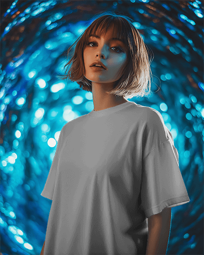 Tshirt Mockup On Woman With Blue Bokeh Background