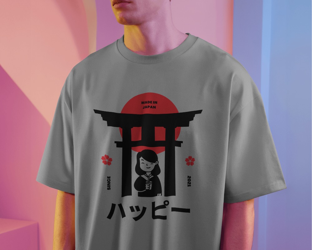 Unisex Tshirt Mockup Worn By Model Colorful Geometric Studio Backdrop