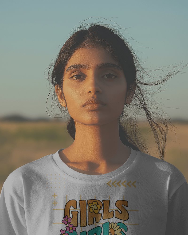 Golden Hour Portrait Tshirt Mockup Young Woman Outdoor Setting
