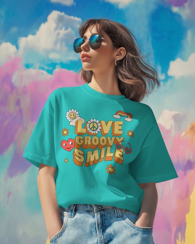 Woman In Sunglasses Wearing T Shirt With Vibrant Background