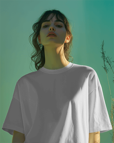 Front T Shirt Mockup With Woman In Sunlit Outdoor Setting