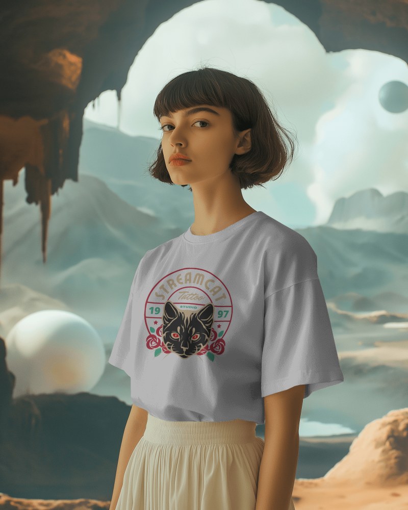 T Shirt Mockup With Woman In Surreal Landscape And Cosmic Elements