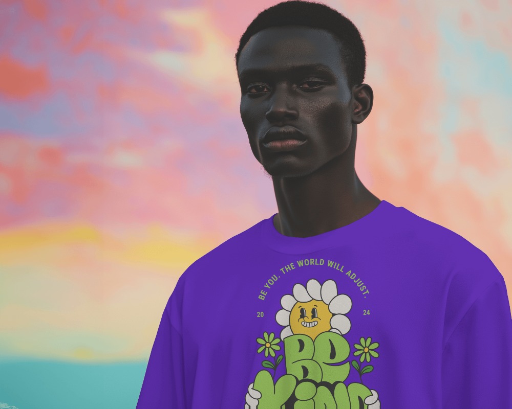 Front T Shirt Mockup With Dark Skinned Model And Colorful Sky