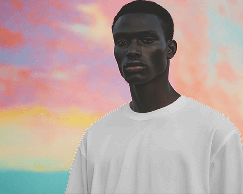Front T Shirt Mockup With Dark Skinned Model And Colorful Sky