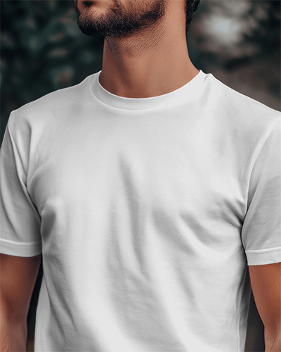 Front Facing White T Shirt Mockup With Custom Design In Dark Indoor Setting