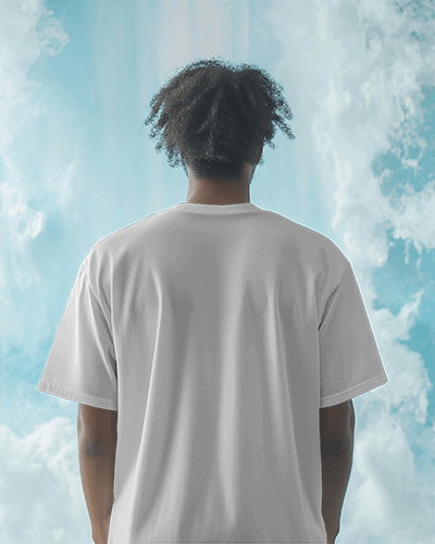 Back View T Shirt Mockup Featuring Model Against Cloudy Sky Background