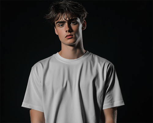 Front View T Shirt Mockup On Male Model Against Dark Background