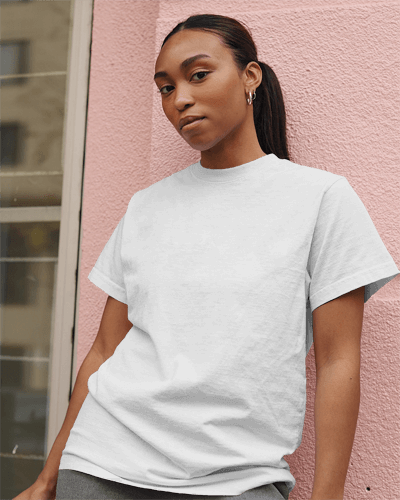 Smiling Woman Tshirt Mockup With Pink Wall