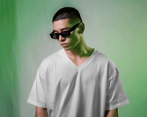 V Neck T Shirt Streetwear Mockup With Modern Green Backdrop