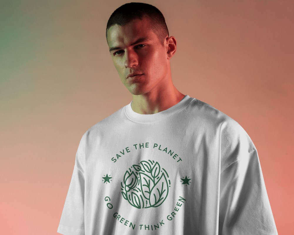 Cool Toned Gradient Background Mockup Front View Of Blank Oversized T Shirt On Male Model Standing With Serious Contemplative Expression Against Subtle Gradient Setting Modern Mood