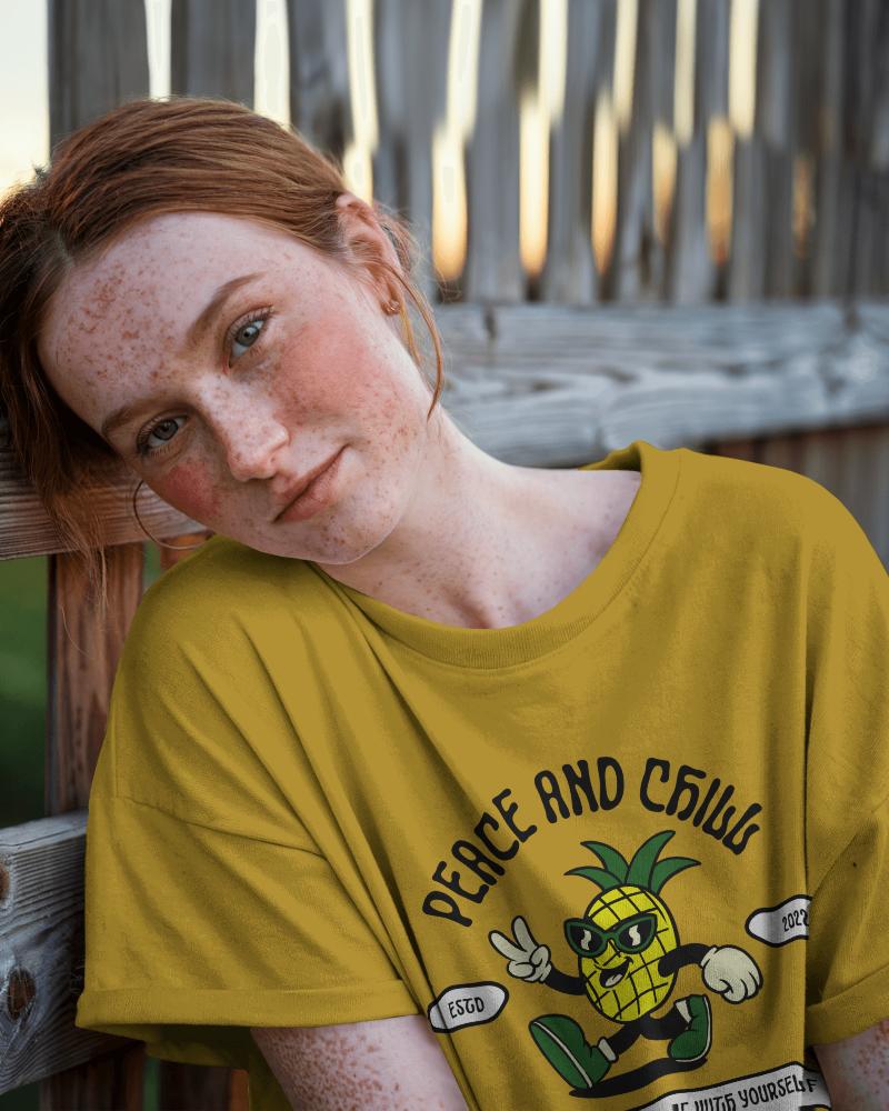 Outdoor Relaxed Portrait T Shirt Mockup Close Up Female Model Leaning Against Wooden Fence Soft Natural Light
