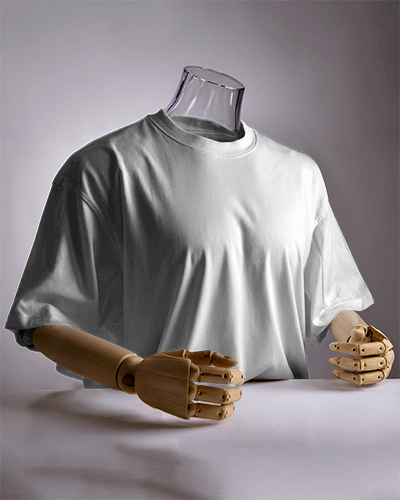 T Shirt Mockup On Wooden Mannequin With Articulated Arms Artsy And Modern Presentation