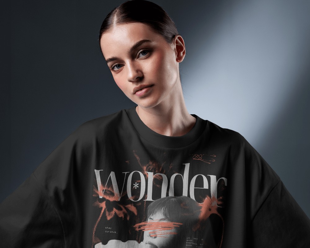 Artistic Spotlight T Shirt Mockup Sleek Bun Hairstyle Female Soft Shadow Lighting