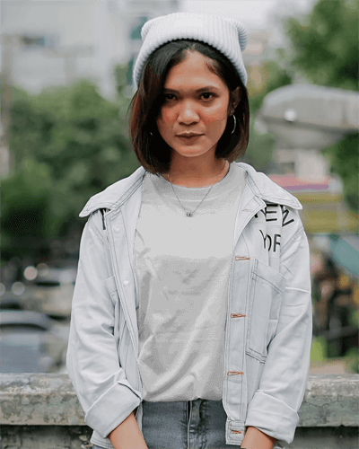 Woman With Beanie And Tshirt Mockup Below Jacket