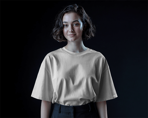 Minimal Black Background T Shirt Mockup Female Model With Short Bob And Simple Attire