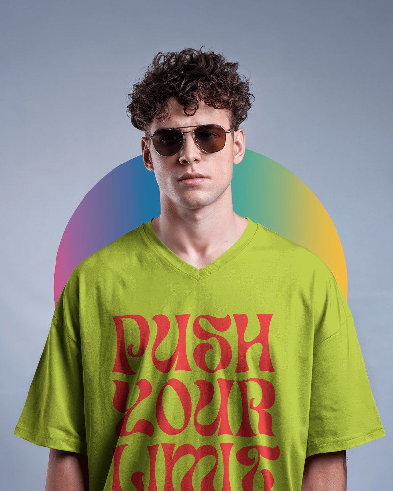 Vibrant Teenage Boy T Shirt Mockup With Vibrant Rainbow Background Casual Street Style Look With Sunglasses