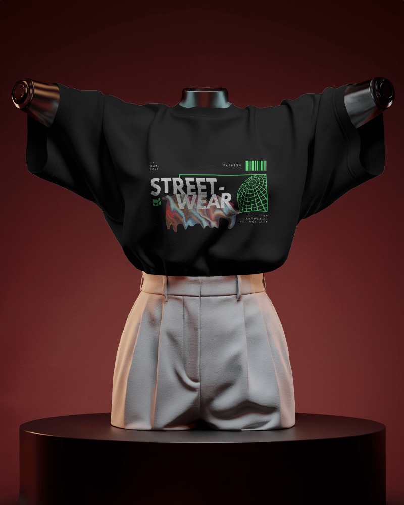 Showcase Display T Shirt Mockup On Stylized Mannequin With High Waisted Shorts On Dark Podium