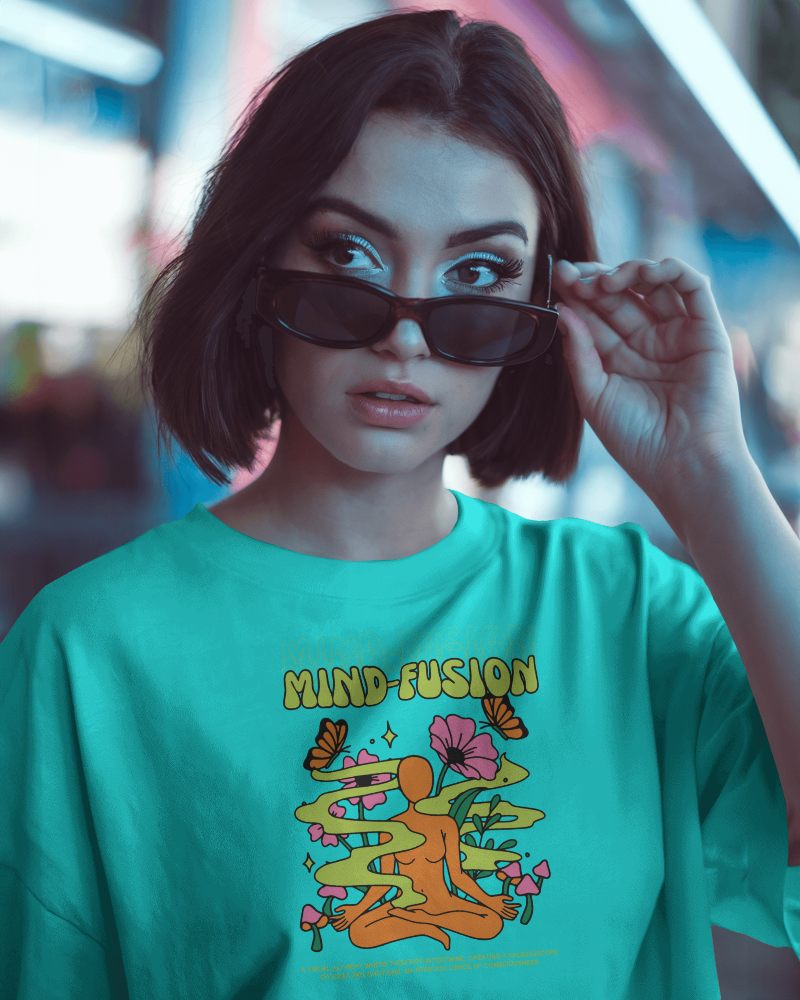 Urban Night T Shirt Mockup Female Model With Short Hair Adjusting Sunglasses In City Light Background