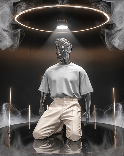 Futuristic T Shirt Mockup On Kneeling Mannequin In Neon Lit Dark Studio With Dramatic Lighting