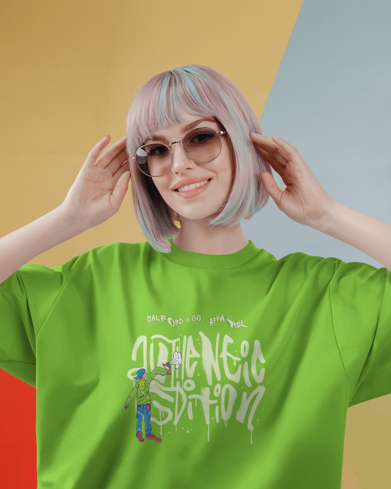 Colorful Background T Shirt Mockup Female Model With Pastel Pink Hair Wearing Sunglasses And Posing Playfully