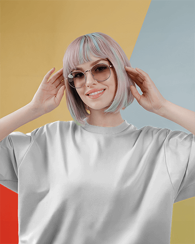 Colorful Background T Shirt Mockup Female Model With Pastel Pink Hair Wearing Sunglasses And Posing Playfully