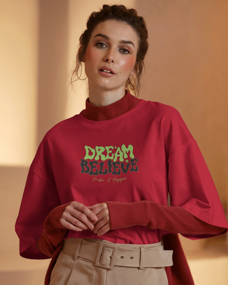 Warm Toned Interior T Shirt Mockup Female Model Posing With Confident Expression And Elegant Styling