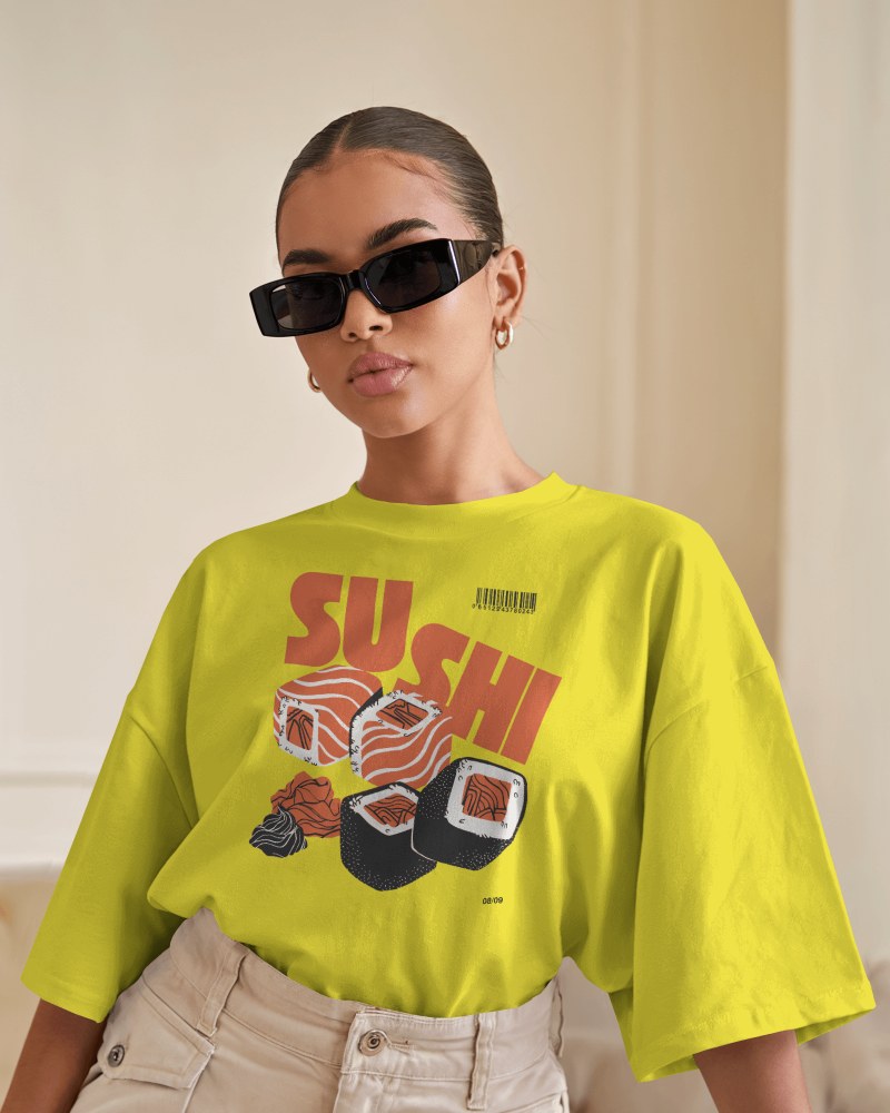 Luxury Interior T Shirt Mockup Female Model With Sunglasses In Minimalist Background