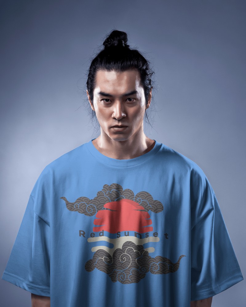 Oversized T Shirt Mockup Male Model With Bun Intense Look In Studio Lighting Modern And Minimalist Style