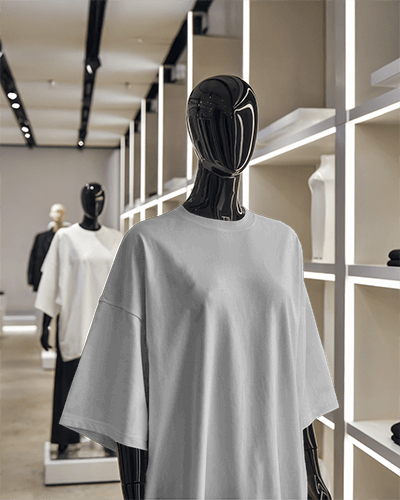 Fashion Store T Shirt Mockup Black Mannequin In Minimalist Boutique With Sleek Illuminated Shelves 0585