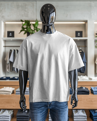 Modern Retail T Shirt Mockup Glossy Black Mannequin In Casual Boutique With Organized Clothing Display 0586