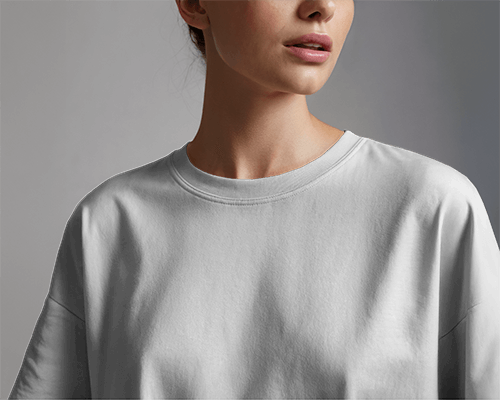 Contemporary Casual T Shirt Mockup Female Model In Stylish Relaxed Fit With Moody Lighting 0599