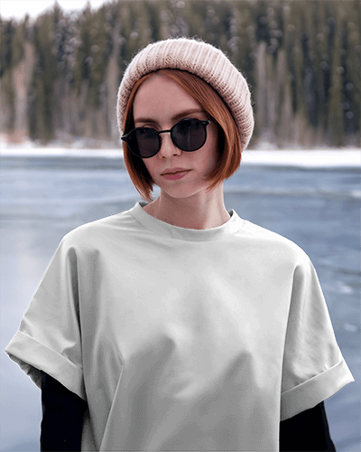 Trendy Outdoor T Shirt Mockup Female Model In Oversized Tee With Winter Styling 0604
