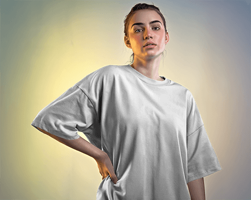 Confident Female Model In Oversized T Shirt Mockup With Dramatic Lighting And Gradient Background Modern And Bold Look 0623