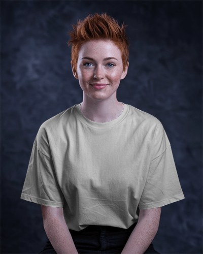 Studio T Shirt Mockup Female Model Smiling Dark Background 0629