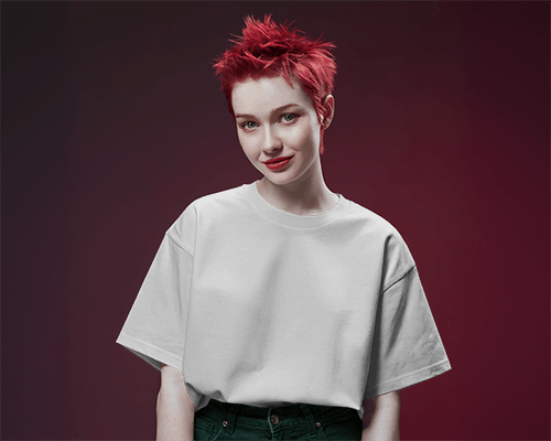 Studio T Shirt Mockup Female Model Smiling Red Hair Gradient Background 0631