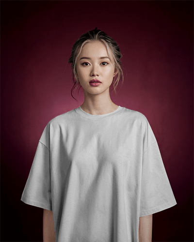 Moody Gradient T Shirt Mockup Female Model Deep Red Background Modern Elegance 0641