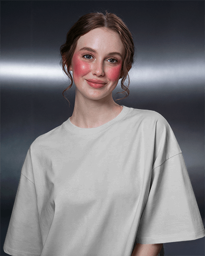 Studio Lit T Shirt Mockup Female Model Smiling Metallic Gradient Background 0643