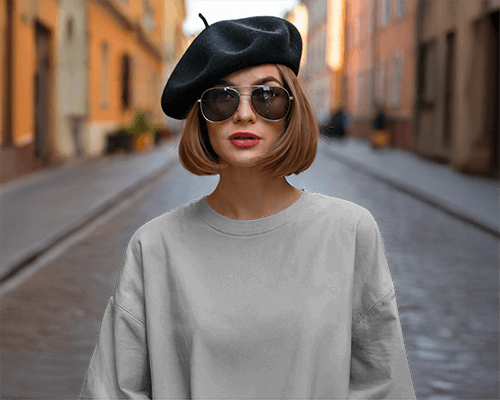 Street Style Sweatshirt Mockup Fashionable Woman In Beret And Sunglasses European City Backdrop Chic And Trendy Urban Vibe 0650