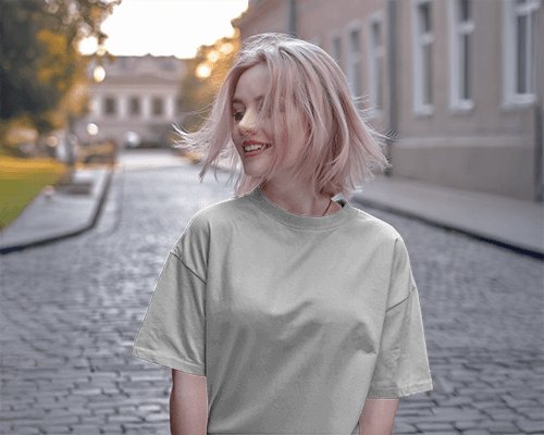 Playful Street Style T Shirt Mockup Smiling Female Model Windswept Pink Hair Golden Hour Lighting Carefree And Trendy Vibe 0656