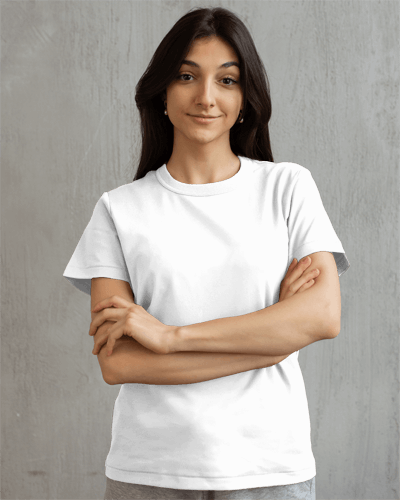 Woman With Folded Hands In Tshirt Mockup