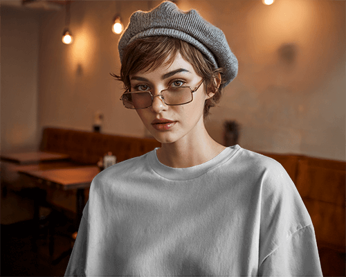 Chic Hipster T Shirt Mockup Glamorous Female Model With Beret And Glasses Retro Coffeehouse Vibe 0664