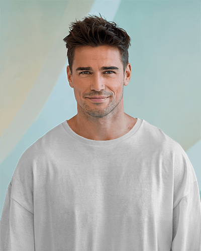 Trendy Male Model Wearing Minimalist T Shirt Soft Blurred Background Modern Fashion Presentation 0666