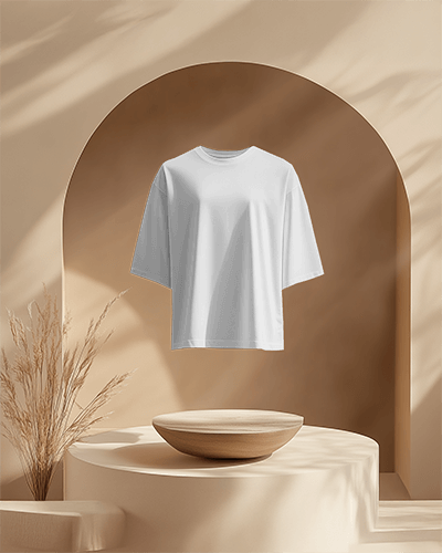 Elegant Neutral Tone T Shirt Mockup Floating Display Arched Backdrop Soft Shadow Minimalist Aesthetic 0672