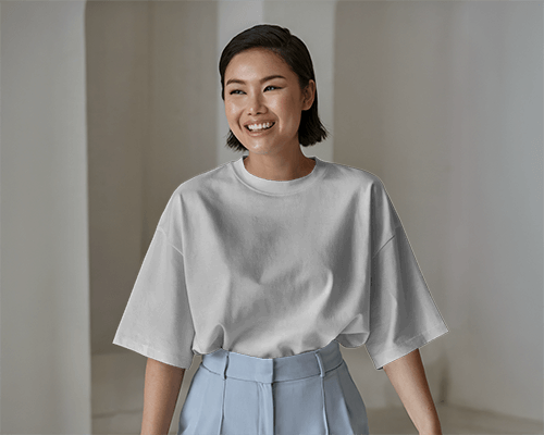 Happy Female Model T Shirt Mockup Modern Architectural Background Soft Natural Lighting Relaxed And Stylish Ambience 0680