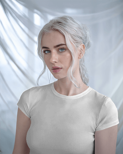 Softly Lit T Shirt Mockup Female Model White Sheer Backdrop High Fashion Studio Look 0682