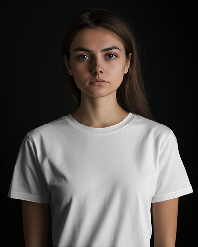 Serious Female Model T Shirt Mockup Dark Background Clean And Modern Minimalist Look 0686