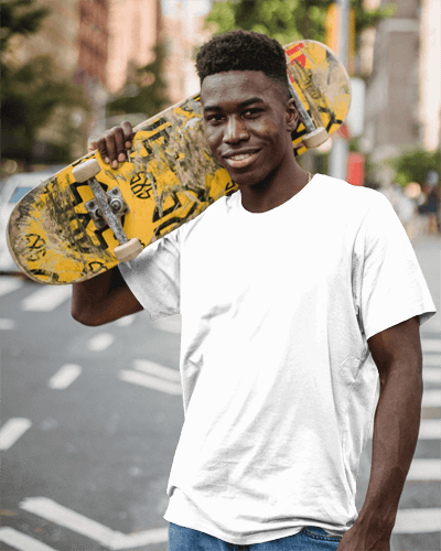 Young Man Tshirt Mockup With Skateboard